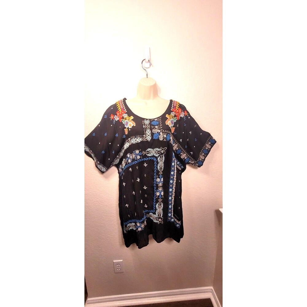 JOHNNY WAS 3x BLACK MULTI Tunic - Embroidered Cupra - short sleeve Shirt Blouse